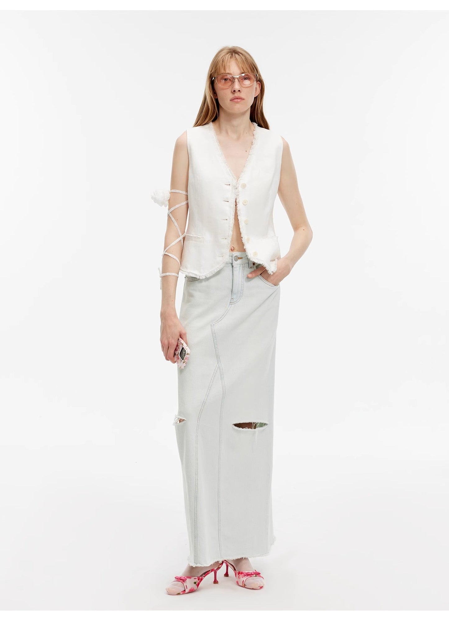 "Walden Pond" Turkish Imported Wash-Faded Distressed Hole Denim A-Line Skirt