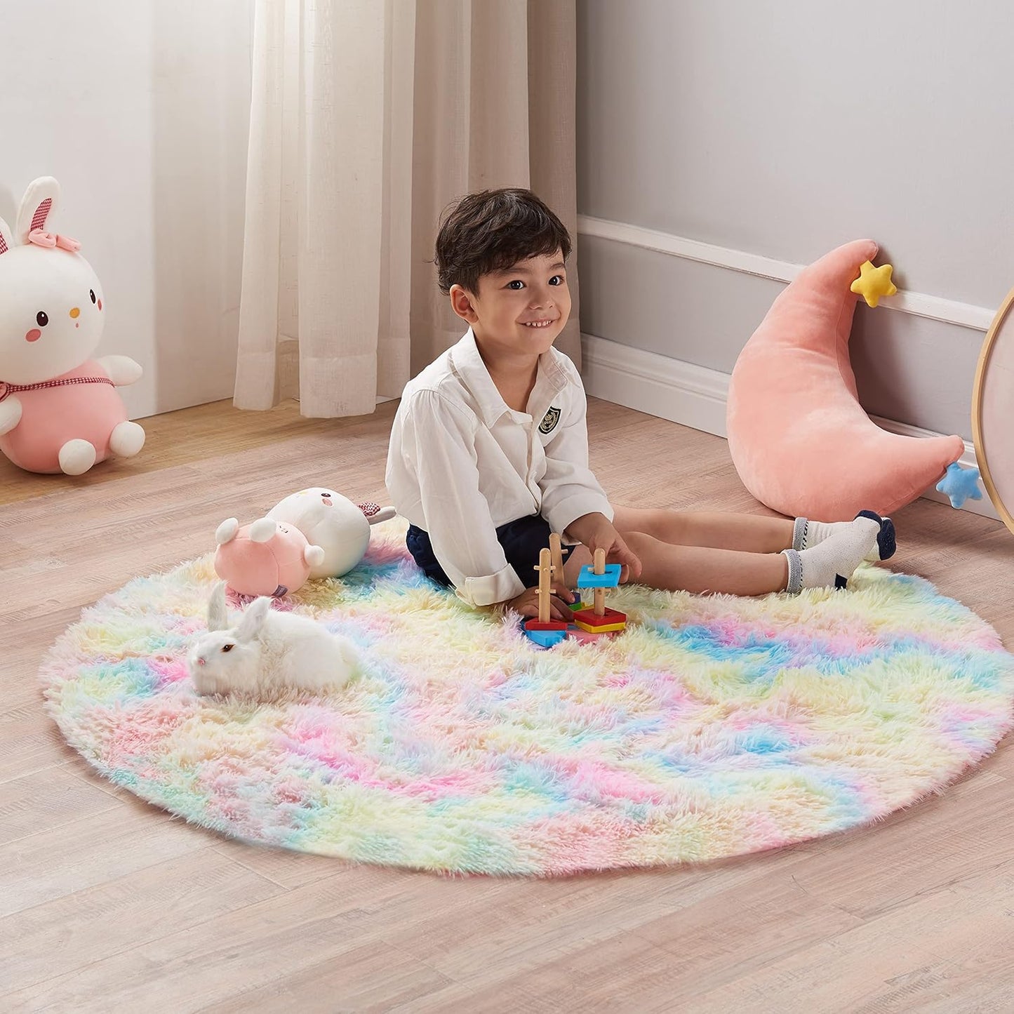 round Rainbow Rug, 4Ft Fluffy Shag Fuzzy Soft Circular Rug for Bedroom, Nursery, Kids Room, Indoor Plush Shaggy Furry Home Decor