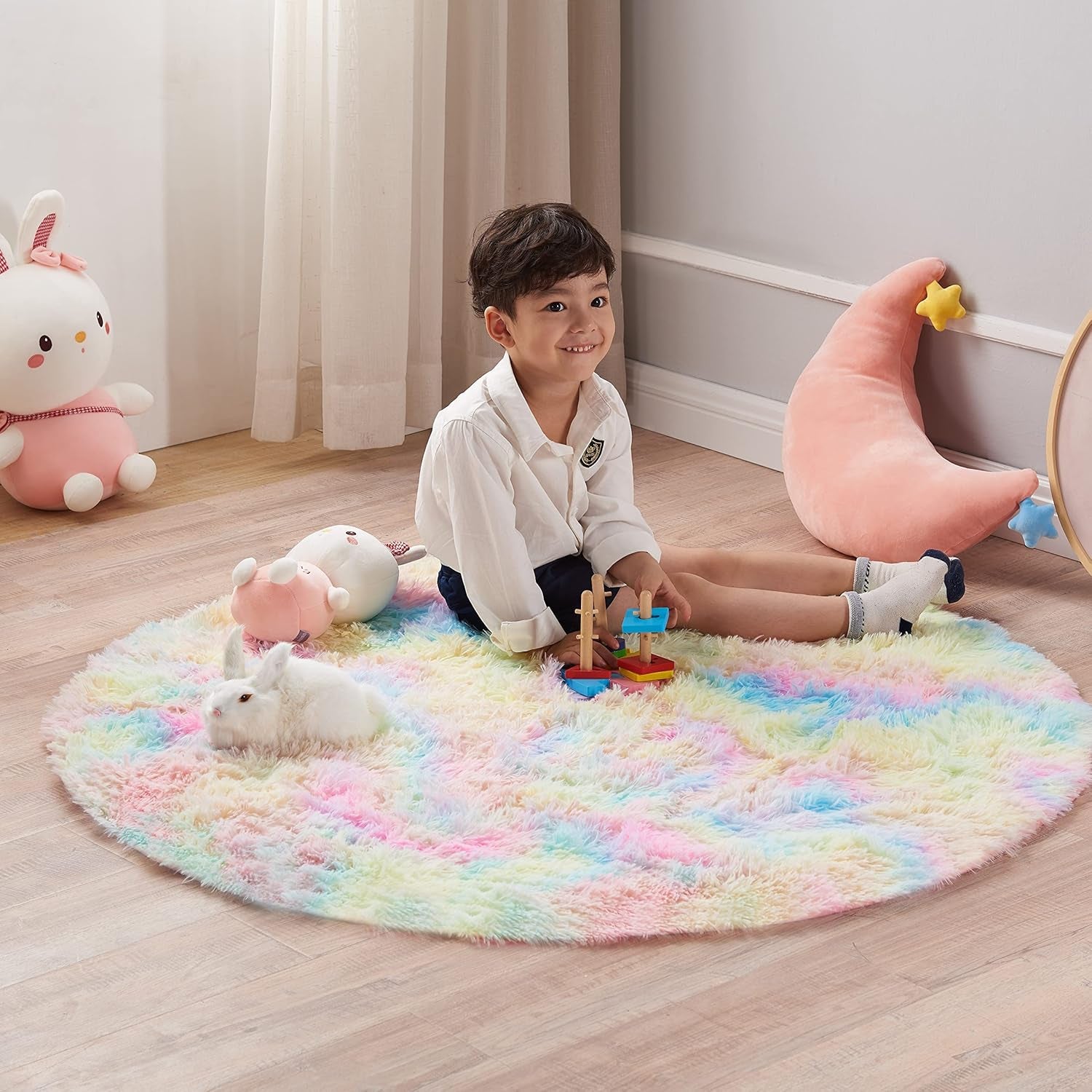 round Rainbow Rug, 4Ft Fluffy Shag Fuzzy Soft Circular Rug for Bedroom, Nursery, Kids Room, Indoor Plush Shaggy Furry Home Decor