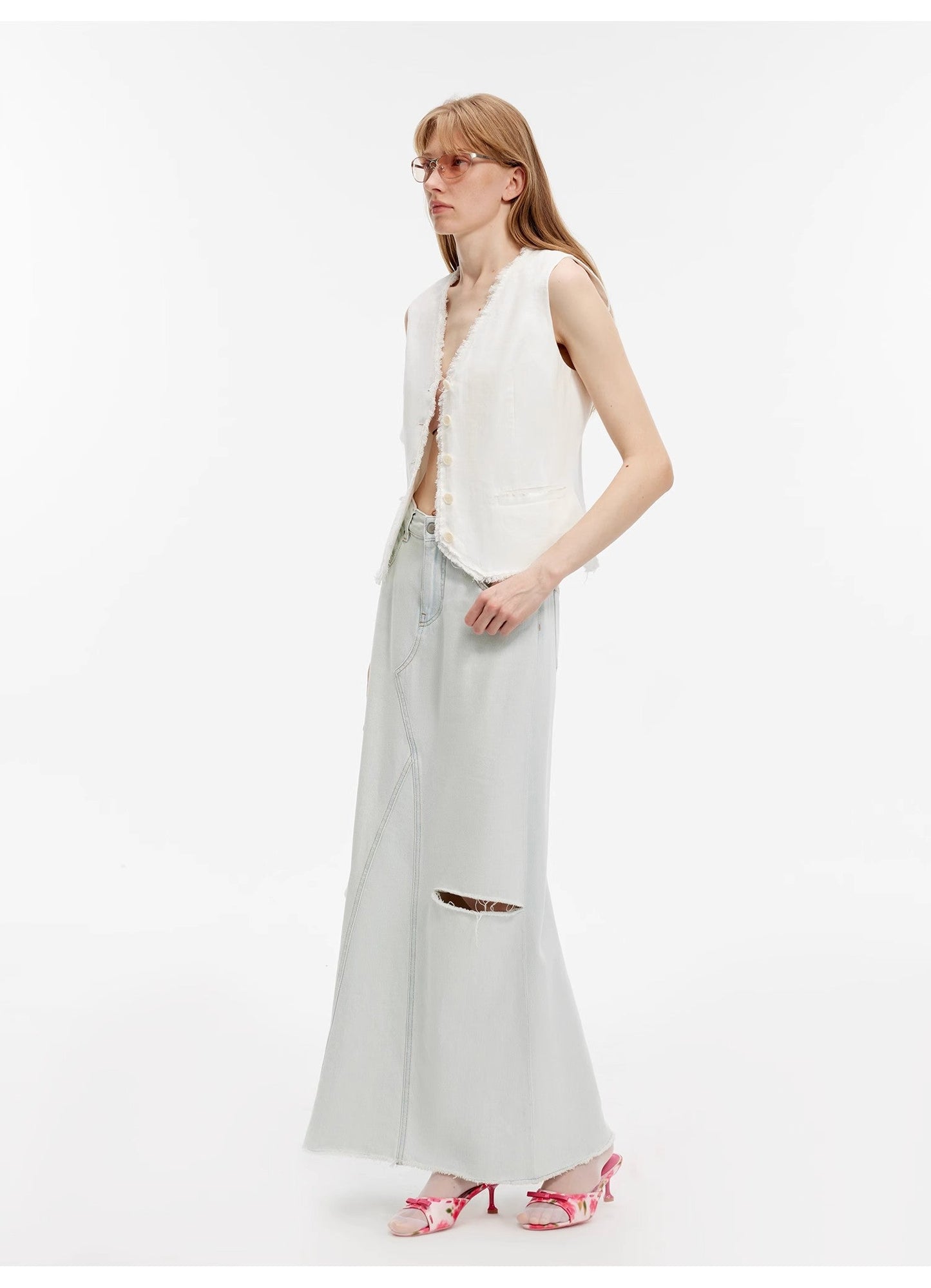 "Walden Pond" Turkish Imported Wash-Faded Distressed Hole Denim A-Line Skirt