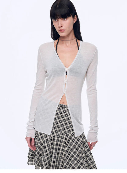 "Long Island Vacation" Wool Blend V-Neck Straight Shoulder Knitted Cardigan Spring