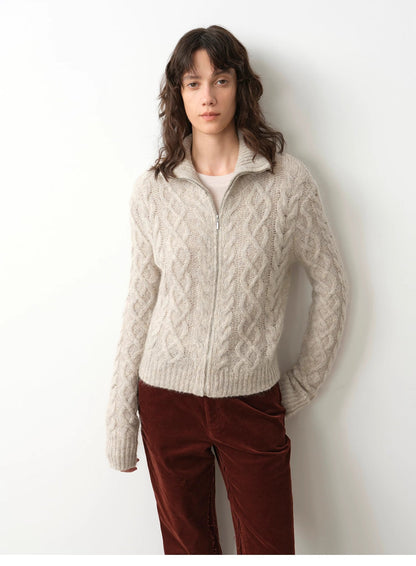 Fitted High-Neck Zipper Knit Cardigan – Angora Mohair Wool Blend, Slim Fit
