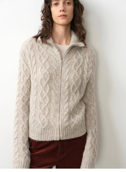 Fitted High-Neck Zipper Knit Cardigan – Angora Mohair Wool Blend, Slim Fit