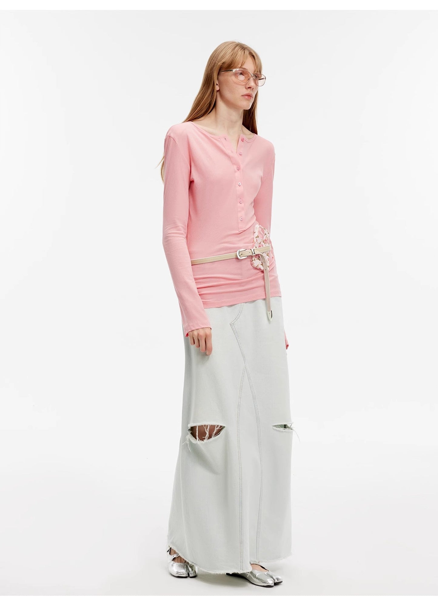 "Walden Pond" Turkish Imported Wash-Faded Distressed Hole Denim A-Line Skirt