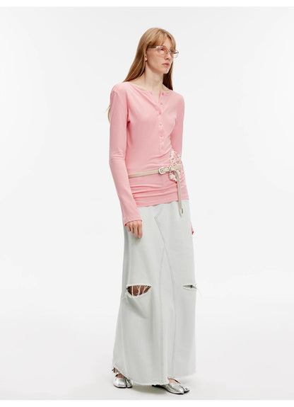 "Walden Pond" Turkish Imported Wash-Faded Distressed Hole Denim A-Line Skirt
