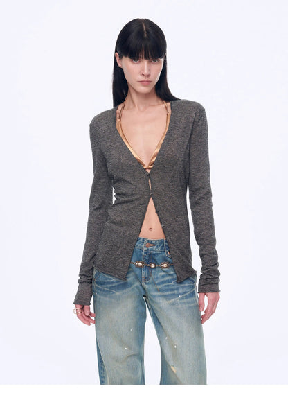 "Long Island Vacation" Wool Blend V-Neck Straight Shoulder Knitted Cardigan Spring