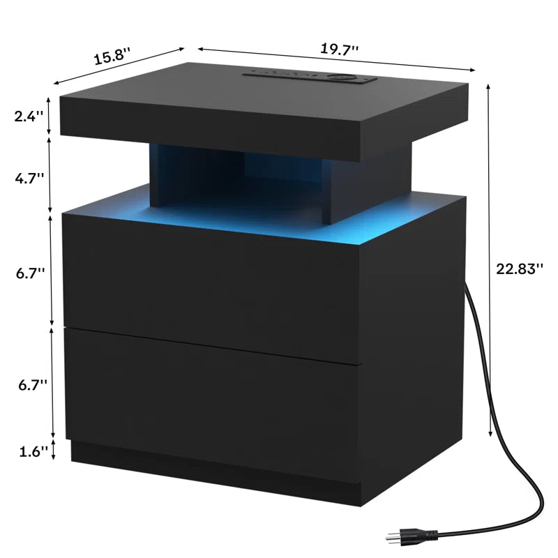 Brenard Manufactured Wood Nightstand with Wireless Charging Station, LED Light and 2 Drawers