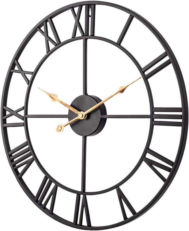 18 Inch Large Wall Clock, Silent Non Ticking Battery Operated Roman Numeral Wall Clock, Industrial Metal Indoor Outdoor Analog Clock for Living Room, Kitchen, Pool, Patio Decor - Black
