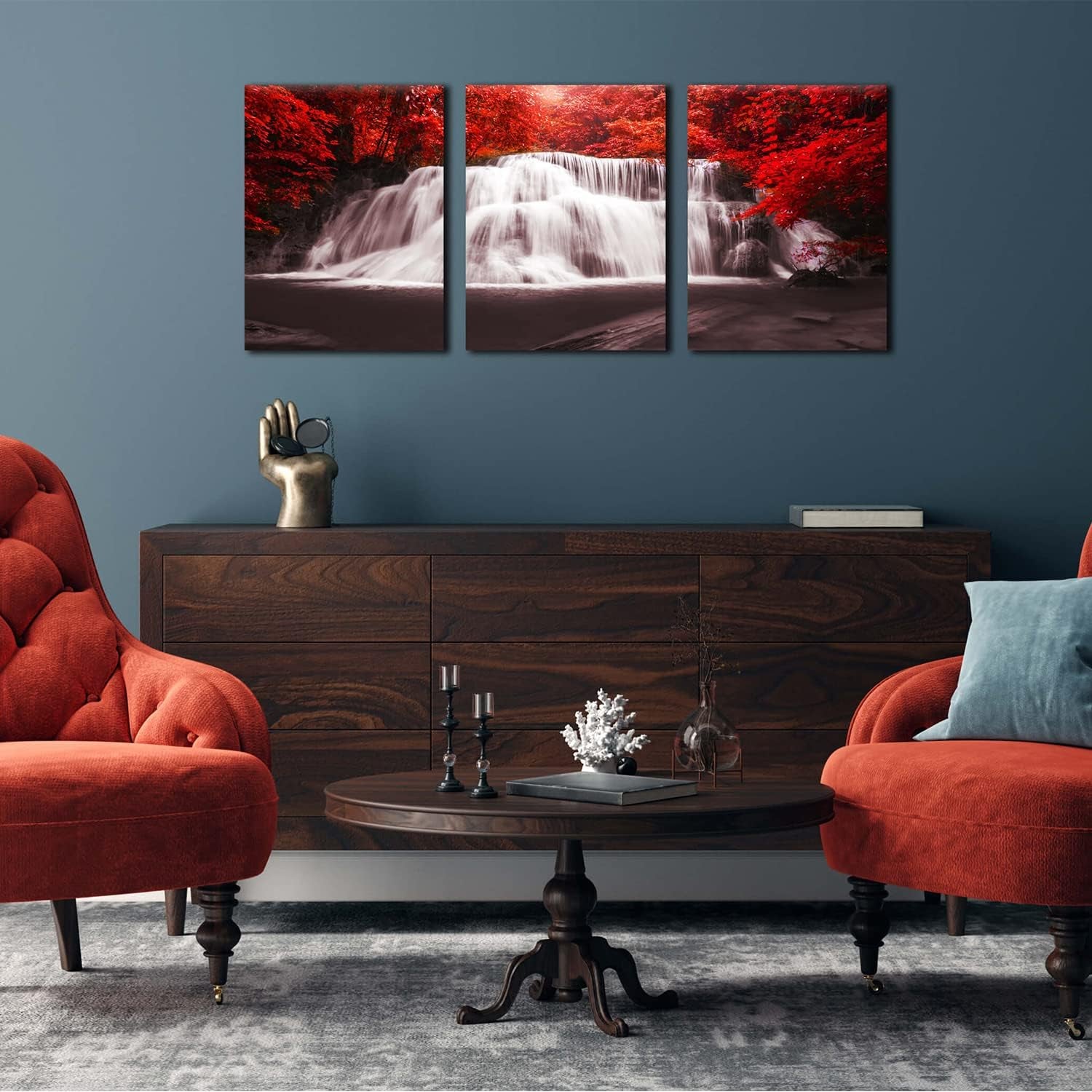 Waterfall - Wall Art Painting Black White Red Landscape Canvas Wall Art 3 Pieces,Red Trees Forest Picture Prints for Home-Office - Canvas Art Wall Art for Living Room 12X16Inchx3Pcs