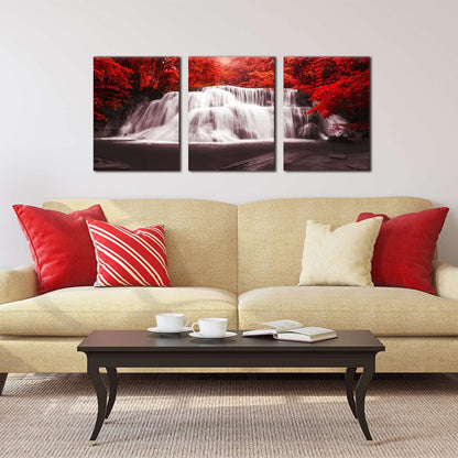Waterfall - Wall Art Painting Black White Red Landscape Canvas Wall Art 3 Pieces,Red Trees Forest Picture Prints for Home-Office - Canvas Art Wall Art for Living Room 12X16Inchx3Pcs