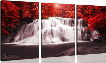 Waterfall - Wall Art Painting Black White Red Landscape Canvas Wall Art 3 Pieces,Red Trees Forest Picture Prints for Home-Office - Canvas Art Wall Art for Living Room 12X16Inchx3Pcs