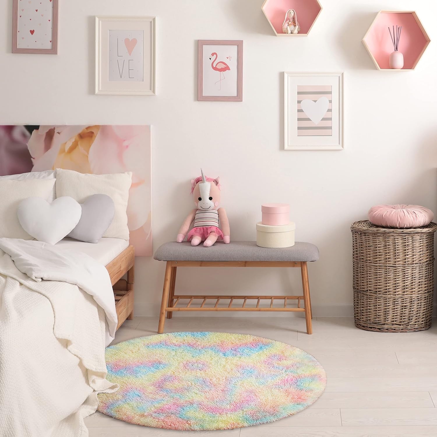 round Rainbow Rug, 4Ft Fluffy Shag Fuzzy Soft Circular Rug for Bedroom, Nursery, Kids Room, Indoor Plush Shaggy Furry Home Decor