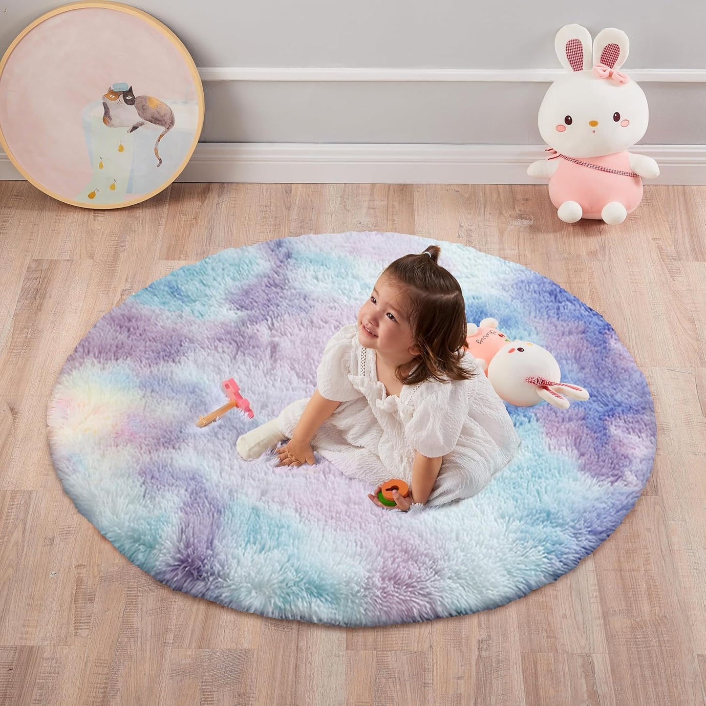round Rainbow Rug, 4Ft Fluffy Shag Fuzzy Soft Circular Rug for Bedroom, Nursery, Kids Room, Indoor Plush Shaggy Furry Home Decor