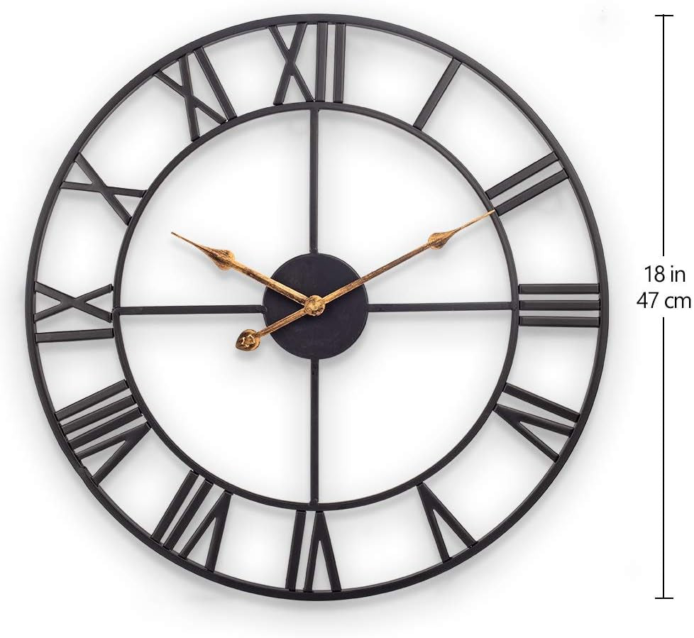18 Inch Large Wall Clock, Silent Non Ticking Battery Operated Roman Numeral Wall Clock, Industrial Metal Indoor Outdoor Analog Clock for Living Room, Kitchen, Pool, Patio Decor - Black