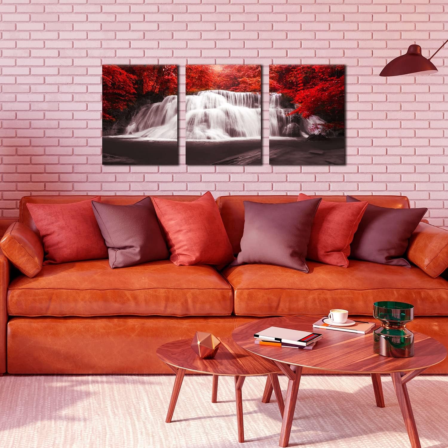 Waterfall - Wall Art Painting Black White Red Landscape Canvas Wall Art 3 Pieces,Red Trees Forest Picture Prints for Home-Office - Canvas Art Wall Art for Living Room 12X16Inchx3Pcs