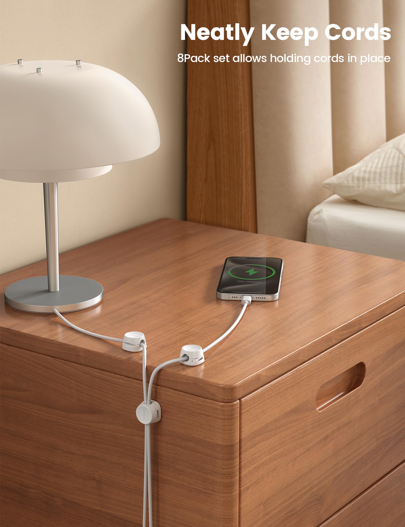 8Pack Cord Organizer [1s Lock] Spring Cable Management Clips - Lamicall Desk Cord Holder, Adhesive Cute Round Cable Clip, Phone Charger Wire Organizer Keeper for Nightstand Car Office Accessory, White - eighttwentytwo92