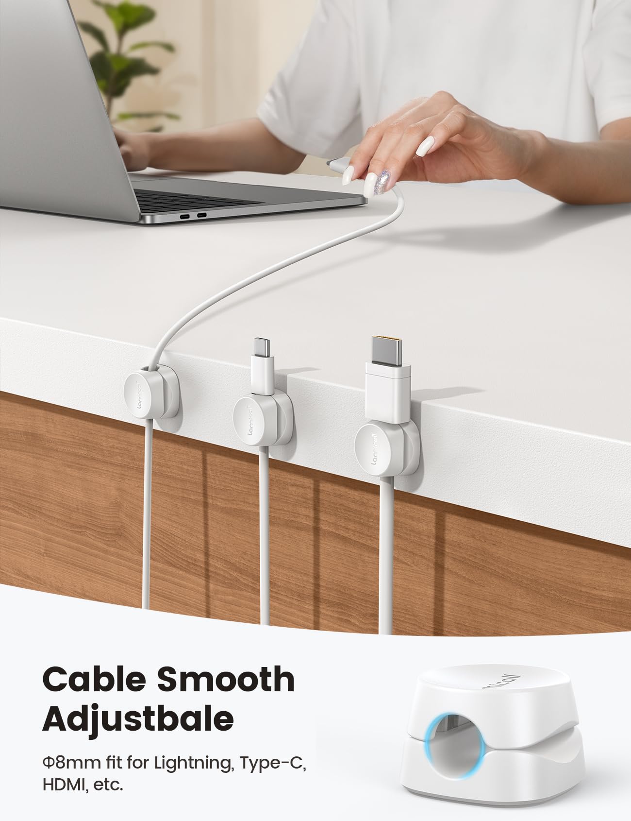 8Pack Cord Organizer [1s Lock] Spring Cable Management Clips - Lamicall Desk Cord Holder, Adhesive Cute Round Cable Clip, Phone Charger Wire Organizer Keeper for Nightstand Car Office Accessory, White - eighttwentytwo92