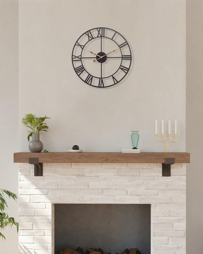 18 Inch Large Wall Clock, Silent Non Ticking Battery Operated Roman Numeral Wall Clock, Industrial Metal Indoor Outdoor Analog Clock for Living Room, Kitchen, Pool, Patio Decor - Black