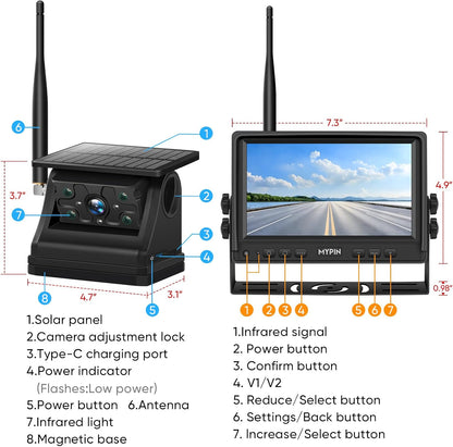 Solar Wireless Magnetic Backup Camera, 9900Mah Battery Powered Rechargeable IP69 Waterproof HD Back up Rear View Remote Control Camera with 7 Inch 1080P Monitor System for Car Truck Trailer RV VN003