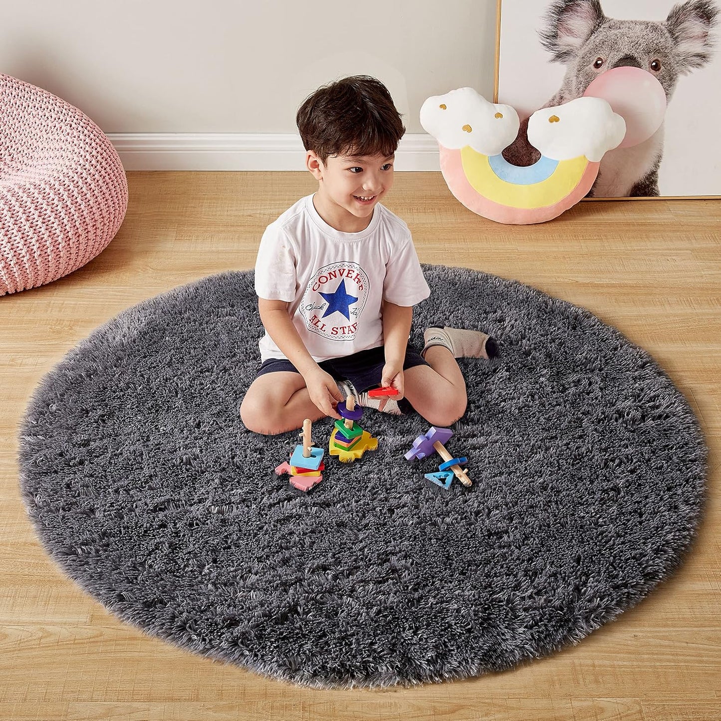 round Rainbow Rug, 4Ft Fluffy Shag Fuzzy Soft Circular Rug for Bedroom, Nursery, Kids Room, Indoor Plush Shaggy Furry Home Decor