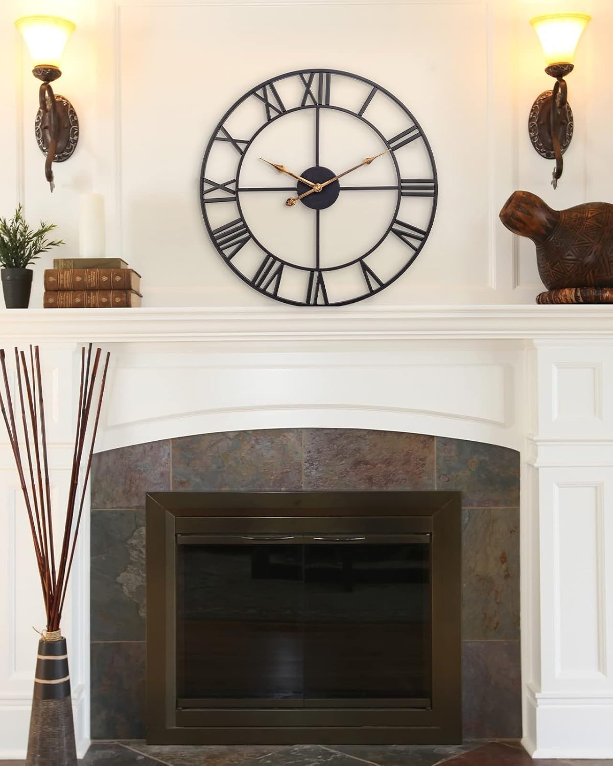 18 Inch Large Wall Clock, Silent Non Ticking Battery Operated Roman Numeral Wall Clock, Industrial Metal Indoor Outdoor Analog Clock for Living Room, Kitchen, Pool, Patio Decor - Black