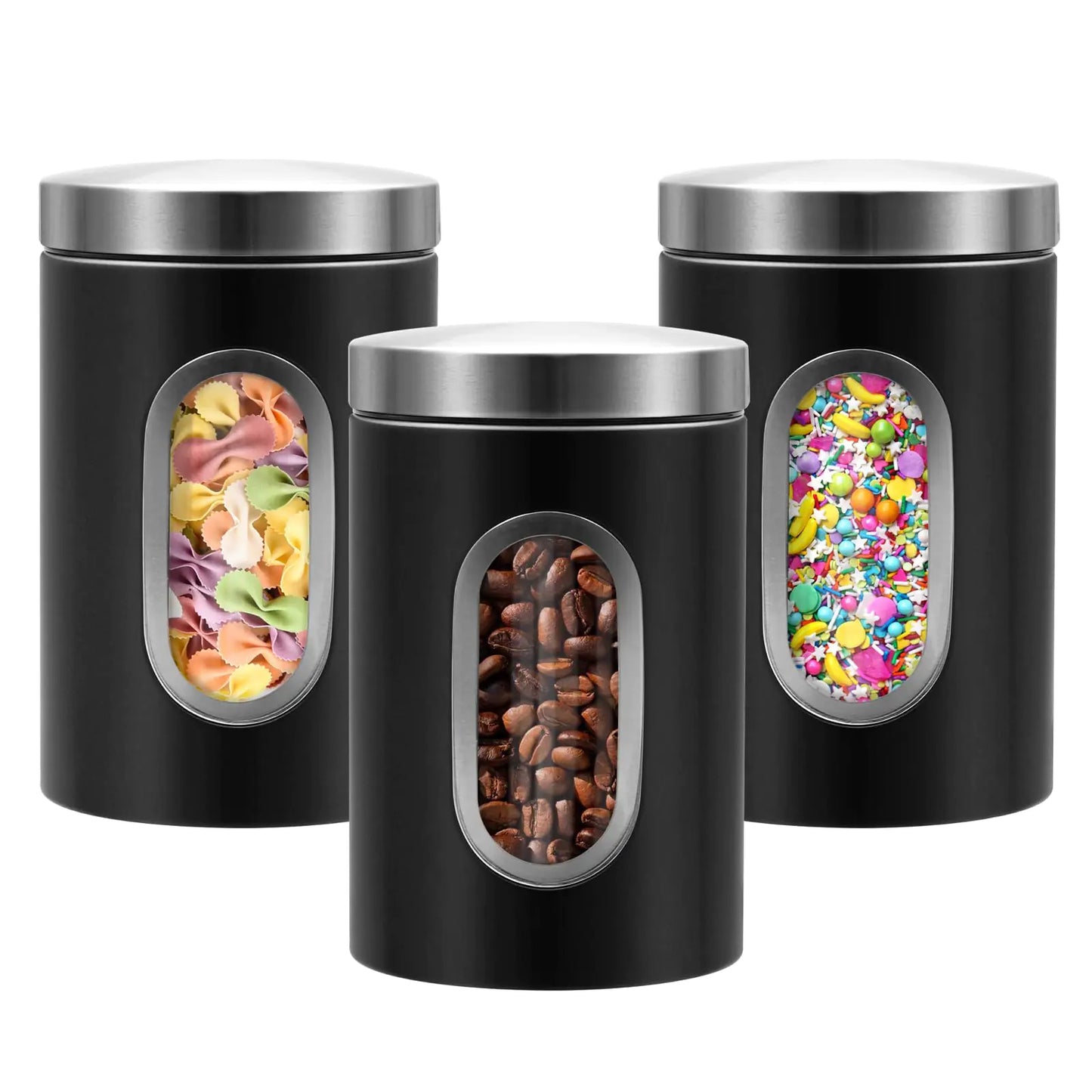 QYQRQF Canisters Sets for the Kitchen 3pcs Sugar Flour Tea Coffee Storage Jars Stainless Steel Food Container Organizer for Kitchen Counter with Transparent Window (black)
