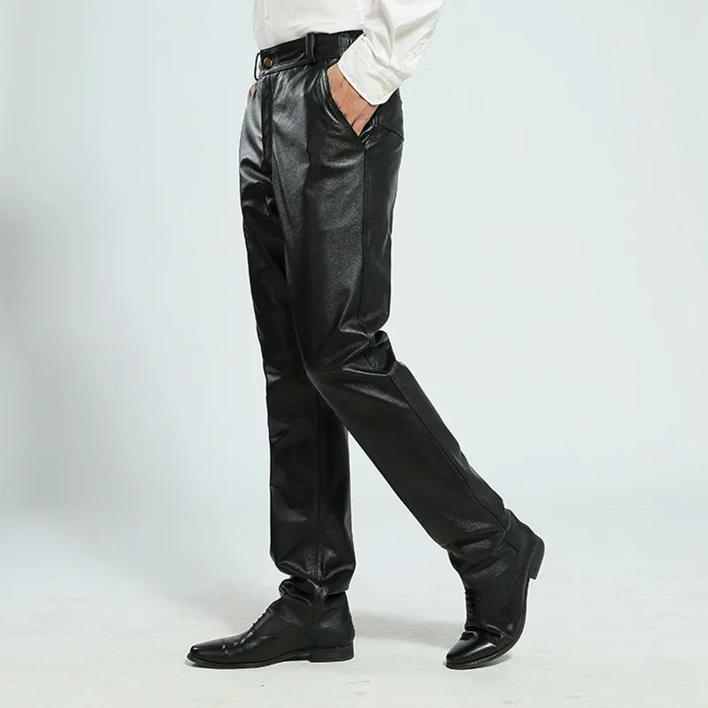 Men's Genuine Leather Pants, Thick, Large Size, Cowskin, High Waist, Straight, Windproof, Autumn, Winter