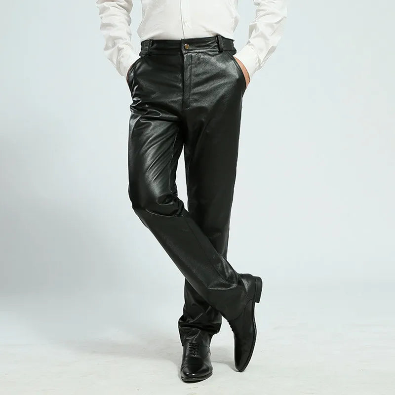 Men's Genuine Leather Pants, Thick, Large Size, Cowskin, High Waist, Straight, Windproof, Autumn, Winter