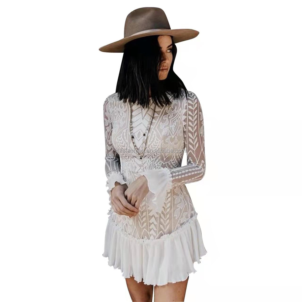 Embrace romantic elegance with this stunning White Lace Mini Dress.
