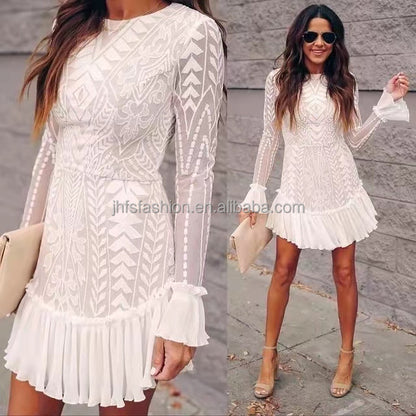 Embrace romantic elegance with this stunning White Lace Mini Dress.