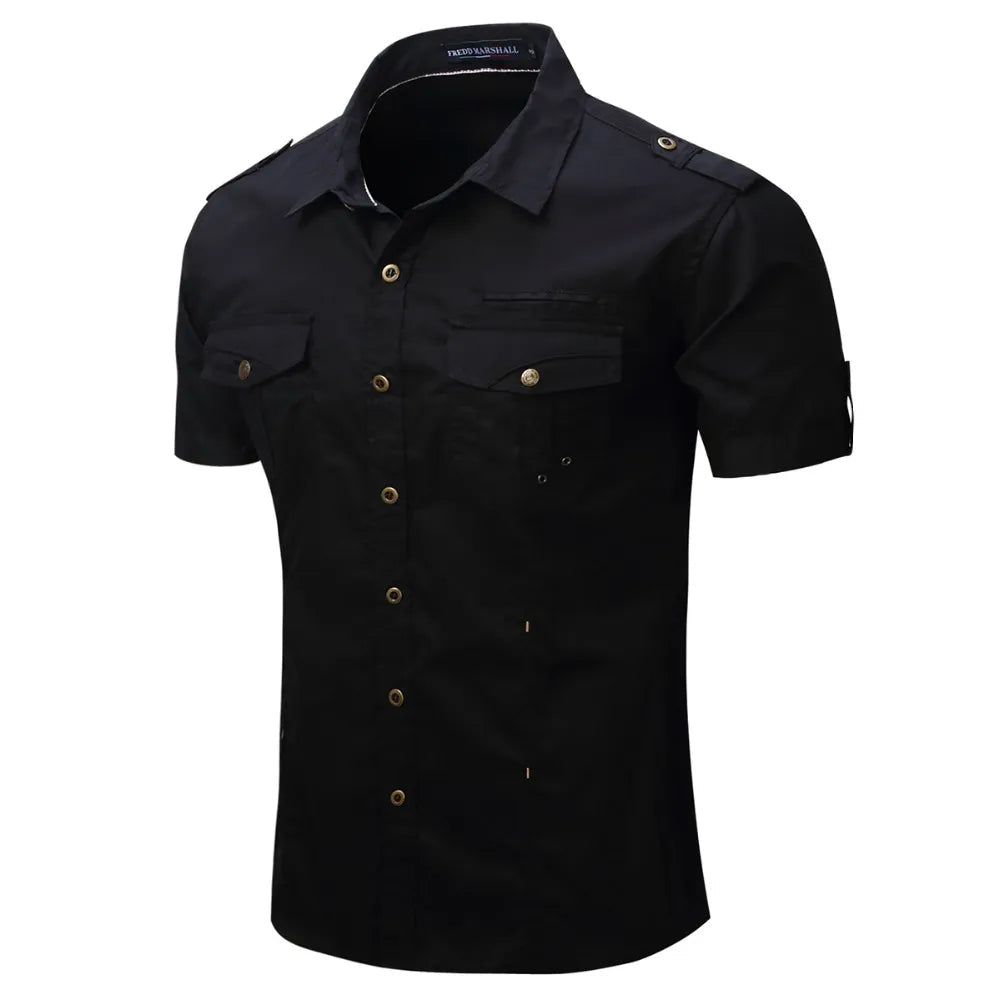 Black short sleeve men's button-down shirt with military-inspired design