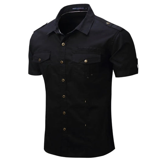 Black short sleeve men's button-down shirt with military-inspired design