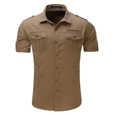 Black short sleeve men's button-down shirt with military-inspired design