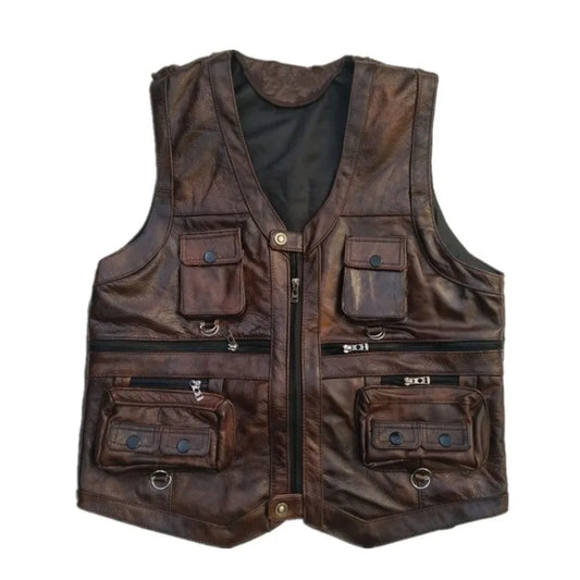 Cowhide Genuine Leather Vest Men Brown Waistcoat Male Sleeveless Jacket Thick High Quality Motorcycle Vest Multi Pocket Zipper