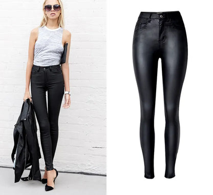 2024 Styling Skinny Women Jeans High Waist Faux Leather Pants Outfit Leggings Chic Casual Girl Stretch Leather Denim Jeans C1075
