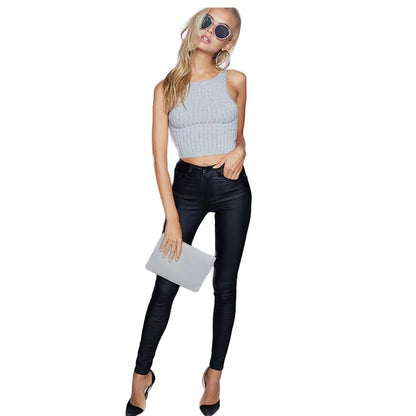 2024 Styling Skinny Women Jeans High Waist Faux Leather Pants Outfit Leggings Chic Casual Girl Stretch Leather Denim Jeans C1075