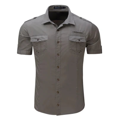 Black short sleeve men's button-down shirt with military-inspired design