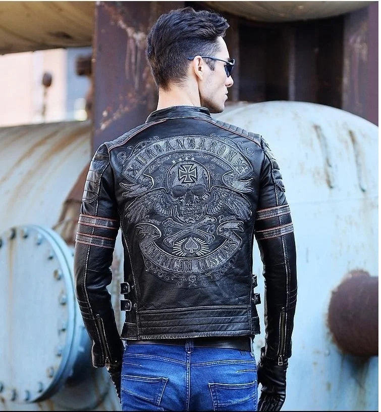 CC Shop.Brand Skull Cowhide coat.Y2K Black Slim Genuine Leather Jacket,Rider Leather cloth.Chaqueta De Cuero Esqueleto