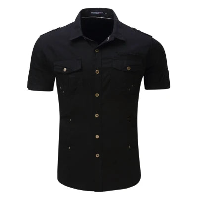 Black short sleeve men's button-down shirt with military-inspired design