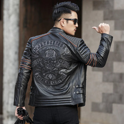 CC Shop.Brand Skull Cowhide coat.Y2K Black Slim Genuine Leather Jacket,Rider Leather cloth.Chaqueta De Cuero Esqueleto