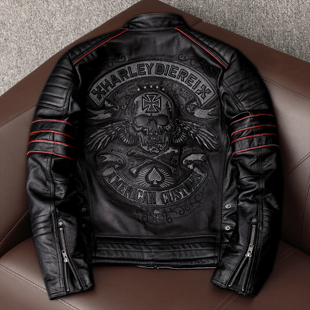 CC Shop.Brand Skull Cowhide coat.Y2K Black Slim Genuine Leather Jacket,Rider Leather cloth.Chaqueta De Cuero Esqueleto