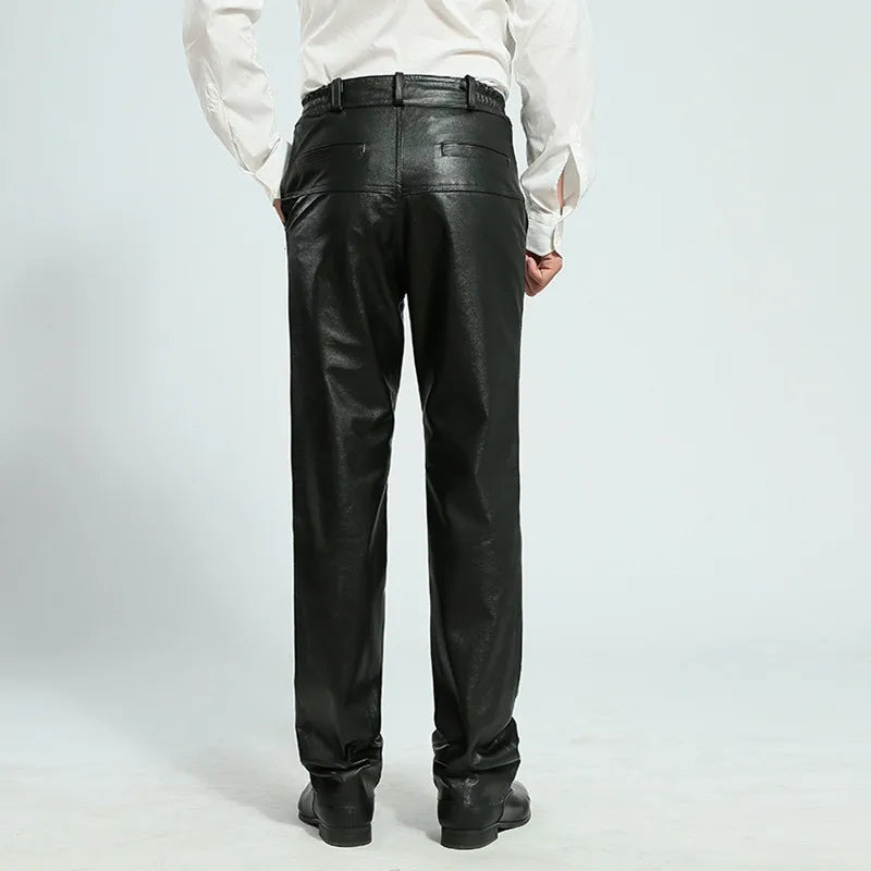 Men's Genuine Leather Pants, Thick, Large Size, Cowskin, High Waist, Straight, Windproof, Autumn, Winter