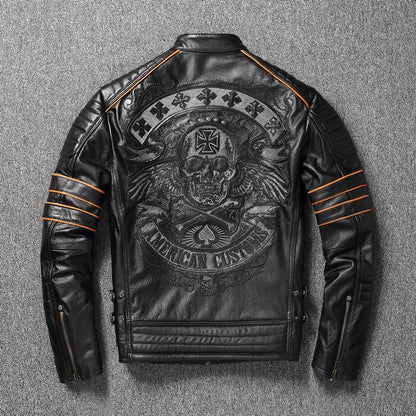 CC Shop.Brand Skull Cowhide coat.Y2K Black Slim Genuine Leather Jacket,Rider Leather cloth.Chaqueta De Cuero Esqueleto