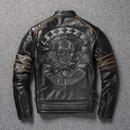 CC Shop.Brand Skull Cowhide coat.Y2K Black Slim Genuine Leather Jacket,Rider Leather cloth.Chaqueta De Cuero Esqueleto