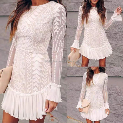 Embrace romantic elegance with this stunning White Lace Mini Dress.