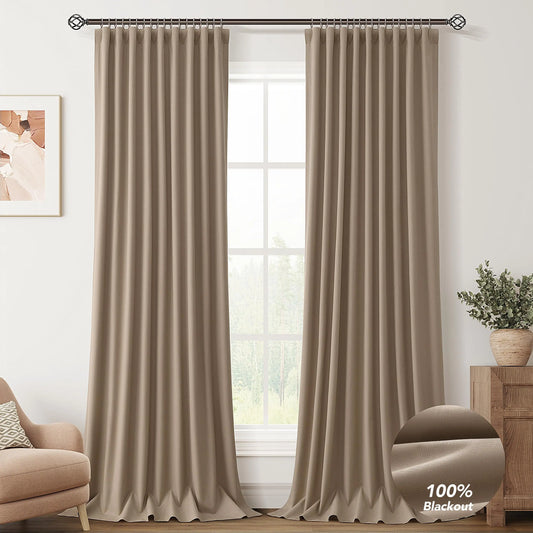 Tan Linen Blackout Curtains for Bedroom 120 Inch Length 2 Panels Set Back Tab Pocket Neutral Farmhouse Living Room Darkening Curtains Track System Thermal Insulated Black Out Drapes 52x120