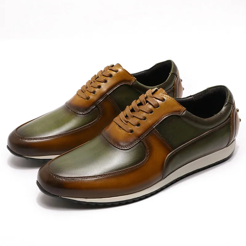 Mens Big Size 5-15 Casual Shoes Genuine Leather Hand Painted Oxford Lace-Up Sneakers Brown/Green Fashion Street Style
