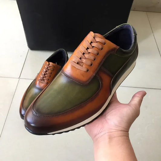 Mens Big Size 5-15 Casual Shoes Genuine Leather Hand Painted Oxford Lace-Up Sneakers Brown/Green Fashion Street Style