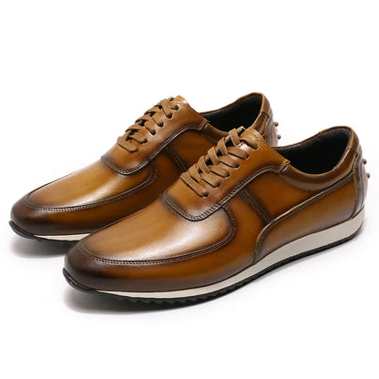 Mens Big Size 5-15 Casual Shoes Genuine Leather Hand Painted Oxford Lace-Up Sneakers Brown/Green Fashion Street Style