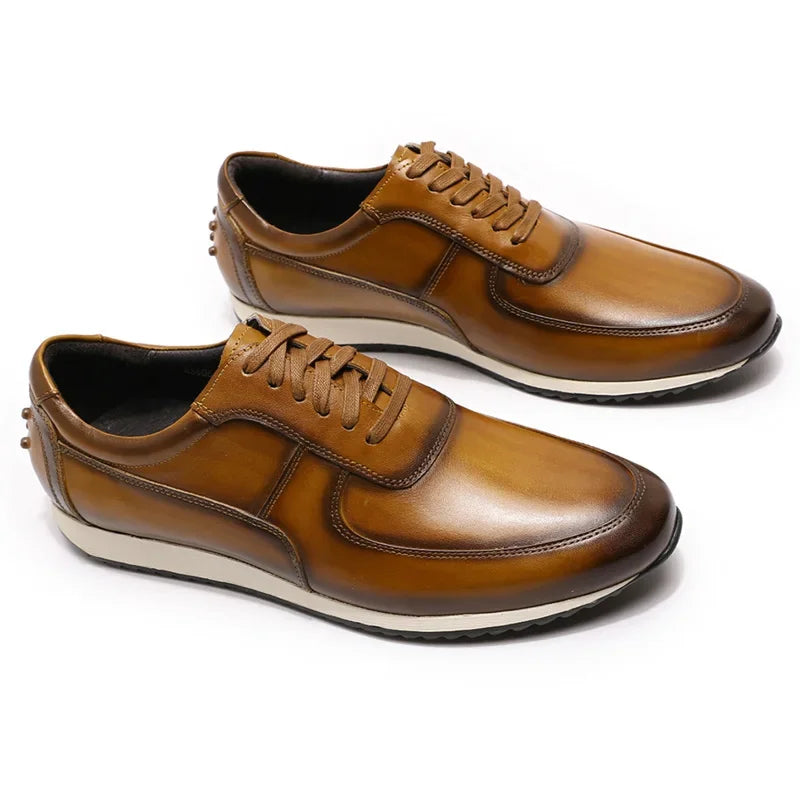 Mens Big Size 5-15 Casual Shoes Genuine Leather Hand Painted Oxford Lace-Up Sneakers Brown/Green Fashion Street Style